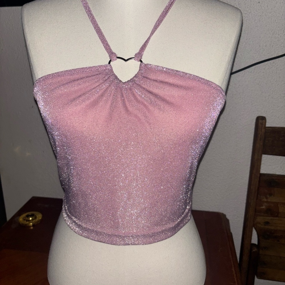 SHEIN Sparkle Rose Halter Crop Top with Heart Ring